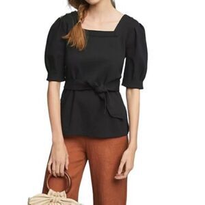 Anthropologie Current Air Barnette Square Neck Tie Puff Sleeve Blouse Black XS
